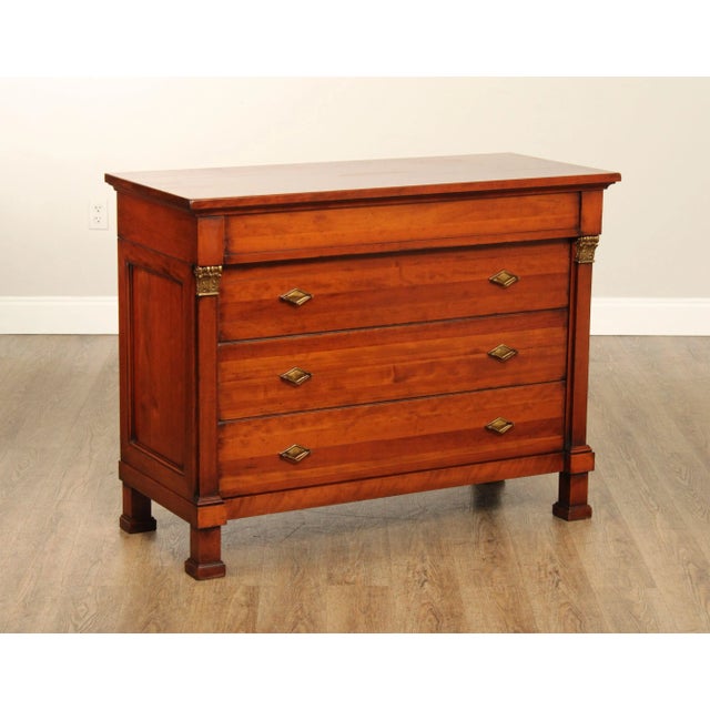 High Quality Italian Made, Neoclassical Style Cherry Wood Chest With Dovetailed Drawers And Brass Hardware And Accents