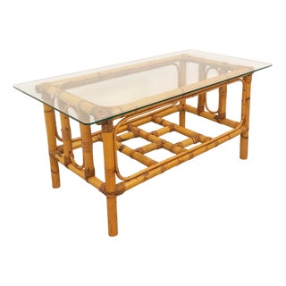 Vintage Coffee Table in Clear Glass and Rattan, 1970s For Sale