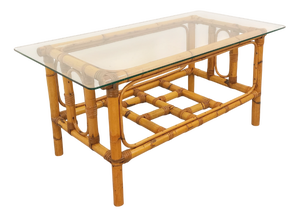 Vintage Coffee Table in Clear Glass and Rattan, 1970s