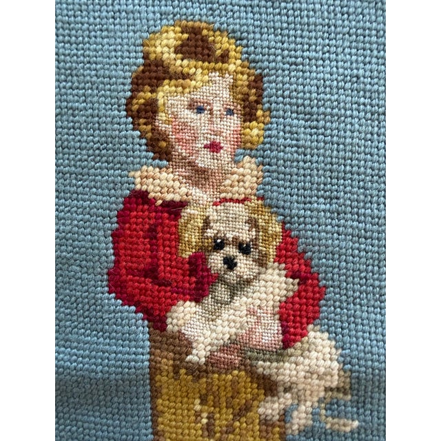 Victorian Vintage Handmade Needlepoint Textile Art - Child With Dog For Sale - Image 3 of 7
