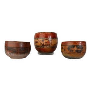Mayan Polychrome Vessels, Bowl With Vision Serpent Motif and Matched Pair of Cups, Circa 600-900 Common Era - 3 Pieces