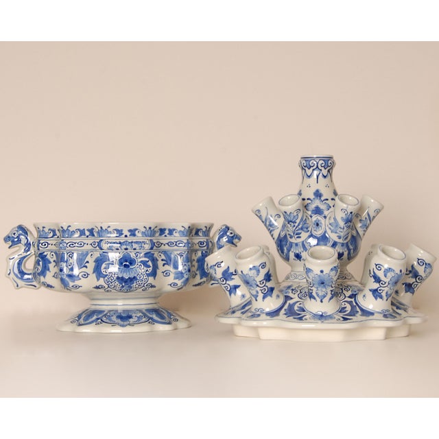 Royal Delft Tulip Vase Tulpiere Blue and White Earthenware Spouted Vase Dragon Handles For Sale - Image 6 of 15