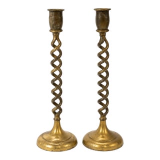 Vintage Barley Twist Brass Tall Candlesticks For Sale