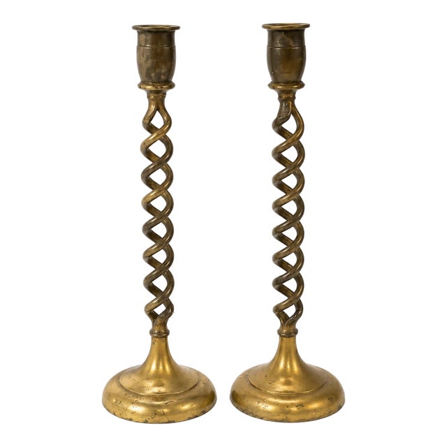 Vintage Barley Twist Brass Tall Candlesticks For Sale