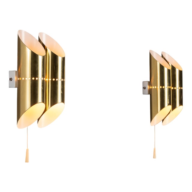 Double Cylindrical Wall Lamps in Brass with Perforated Shades, 1960s, Set of 2 For Sale