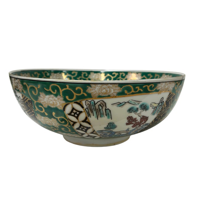 Emerald Vintage Oriental Imari Emerald Green Flora Landscape Porcelain Bowl Art For Sale - Image 8 of 9
