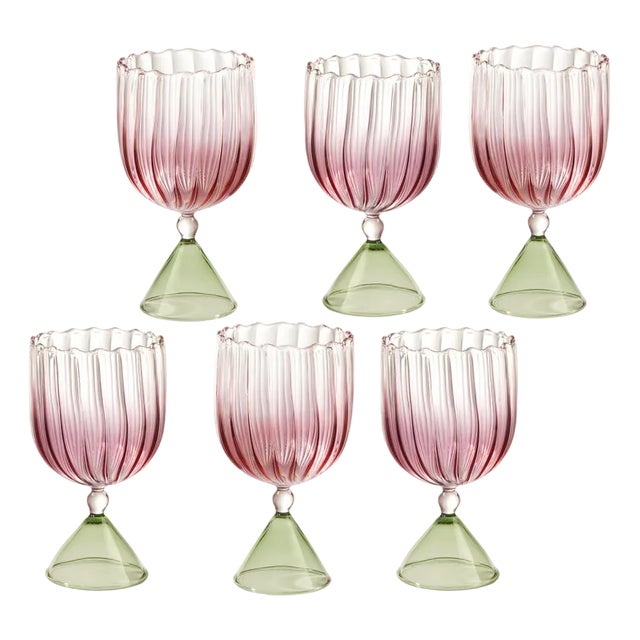 Calypso Wine Glass in Pink-Green by Serena Confalonieri, Set of 6 For Sale