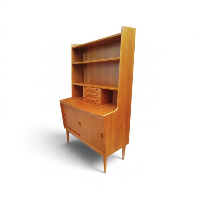 - secretary bureau with open bookcase, writing desk and storage cabinet in one - danish, 1960s; original label of fa....