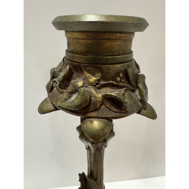 Gothic Early 19th Century Pair Ornate Gothic Revival Brass Candlesticks Hoof Feet Floral Tripod Bases For Sale - Image 3 of 9