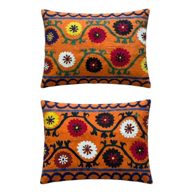Folk Art Suzani Lumbar Pillow Cover 20'' X 26'' - Set of Two For Sale