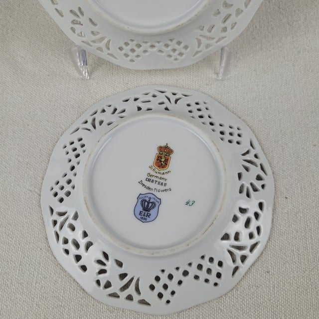 Dresden Porcelain Schumann Germany Chateau Dresden Flowers Reticulated Porcelain Plates - A Pair For Sale - Image 4 of 7