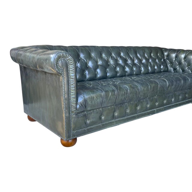 English 1960s Distressed Olive Green Chesterfield Leather Sofa With Tufted Back & Bun Feet For Sale - Image 3 of 11