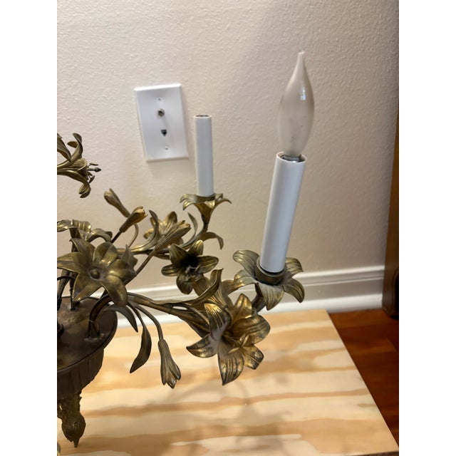 Vintage Hans Kögl Style Brass Lily Floral Chandelier, 3-Light, Hollywood Regency, Italian Florentine, 1970s For Sale - Image 4 of 6