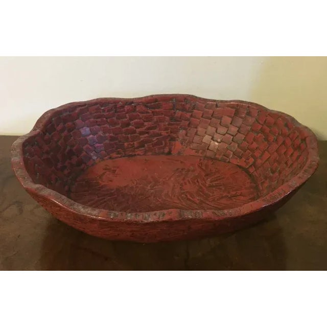 Antique Japanese Red Lacquer Carved Wood Basketweave Centerpiece Bowl For Sale In New York - Image 6 of 13