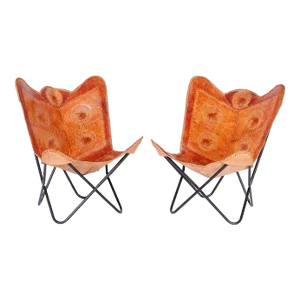 Pair of Anglo Indian Style Embossed Leather Sling Chairs