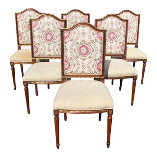Vintage Mahogany and Giltwood Custom Upholstered Louis XVI Style Dining Chairs - Set of 6 For Sale
