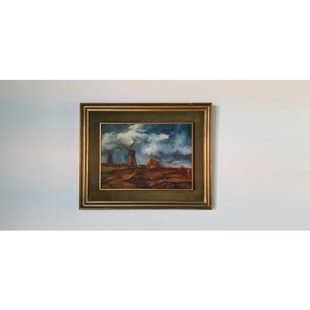 Abstract 1970 Vintage Lulu Windmill Countryside Landscape Painting For Sale - Image 3 of 11