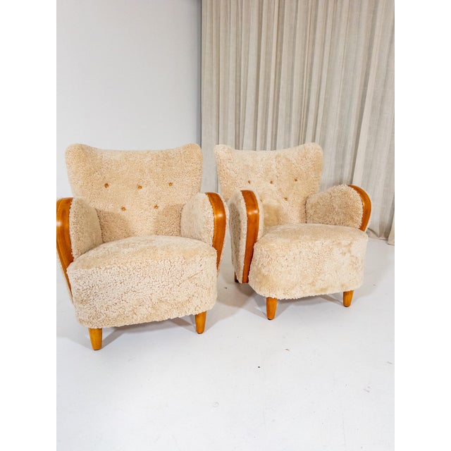 Swedish Modern Sheepskin Lounge Chairs, 1940s, Set of 2 For Sale - Image 11 of 12