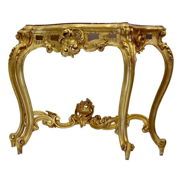Antique Louis Philippe Italian Giltwood Console Table with Red Marble Top, 19th Century For Sale