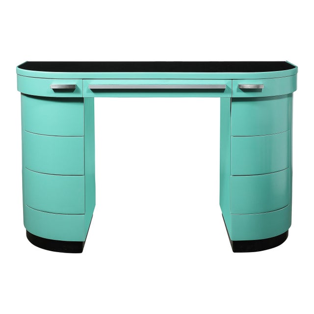 Art Deco Robin's Egg Blue Lacquer & Brushed Aluminum Desk by Donald Deskey For Sale