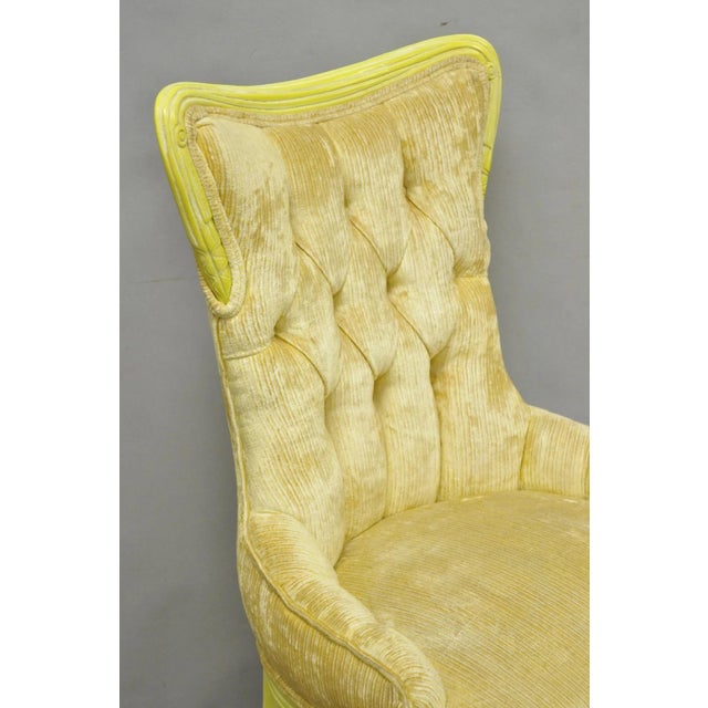 Vintage French Hollywood Regency Yellow Tufted Drape Carved Side Chairs - A Pair For Sale - Image 13 of 16