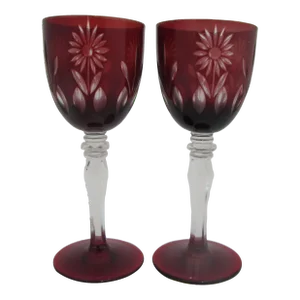 Vintage Bohemian Ruby Red Dainty Cut Glass Flower Aperitif Cordial Glass Pair