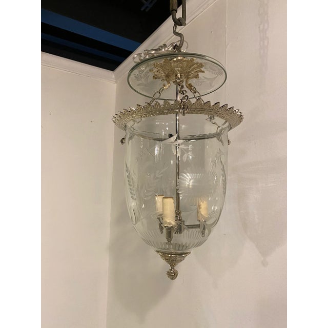 A circa 1930 French silver plated and etched glass lantern with interior lights. Gold finish available, 12 items available