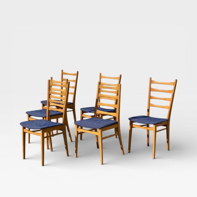 Late 20th Century Set of Six Mid-Century Modern Ladderback Dining Chairs With New Upholstery For Sale - Image 5 of 18