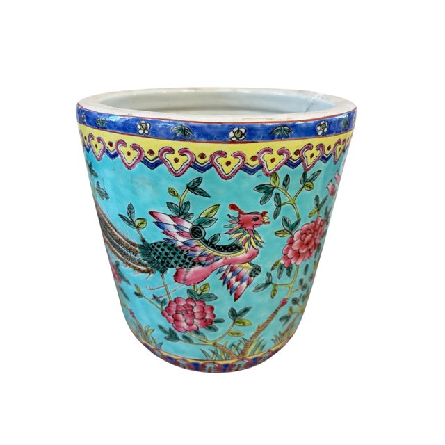 Vintage Circa 1920 Chinoiserie Famille Rose Style Porcelain Cachepot/Planter 8"h For Sale - Image 4 of 12