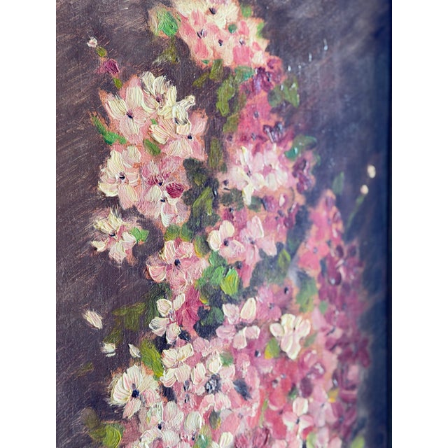 Original Vintage Floral Oil Painting, Impasto Pink Blossoms Still Life, Gilt Frame, Mid Century Art For Sale - Image 10 of 11