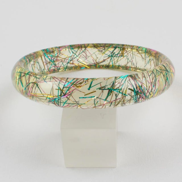 Clear Lucite Bracelet Bangle Multicolor Metallic Thread Inclusions For Sale - Image 4 of 4