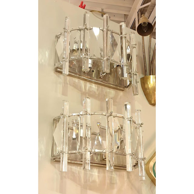 Transparent 1970s Mid-Century Modern Crystal Pair of Sconces, Chrome, French For Sale - Image 8 of 13
