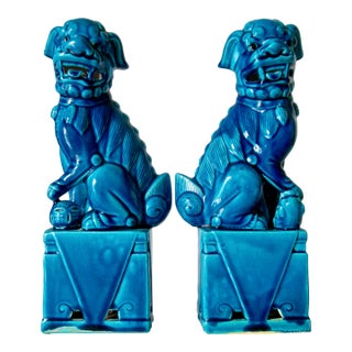 Vintage. C.1935-50's (Japan) Ceramic Porcelain Cerulean Blue Glazed Foo Dogs - Pair For Sale