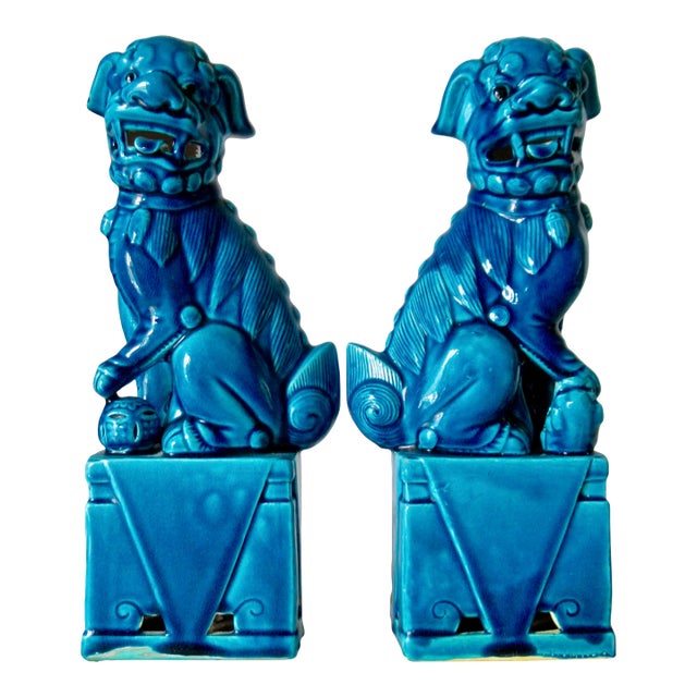 Vintage. C.1935-50's (Japan) Ceramic Porcelain Cerulean Blue Glazed Foo Dogs - Pair For Sale