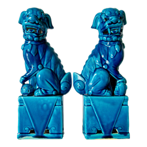 Vintage. C.1935-50's (Japan) Ceramic Porcelain Cerulean Blue Glazed Foo Dogs - Pair