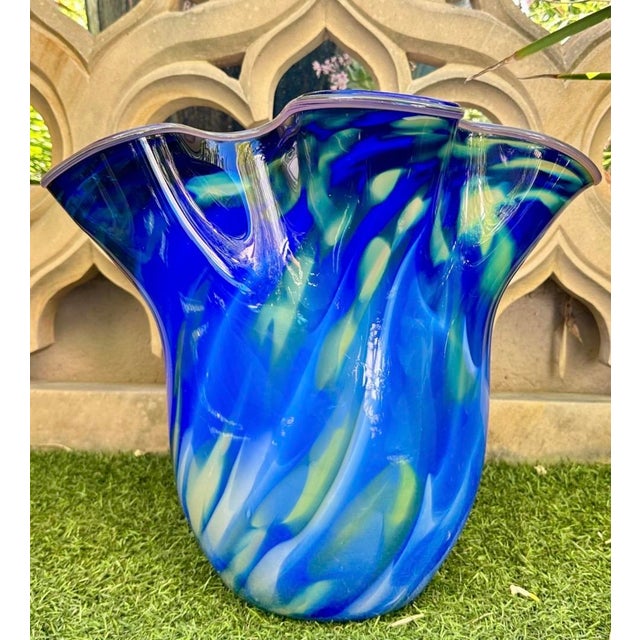 Large Blue Swirl Ruffled Handkerchief Art Glass Vase | Studio Glass Fazzoletto 15"h Artist Signed For Sale - Image 13 of 18