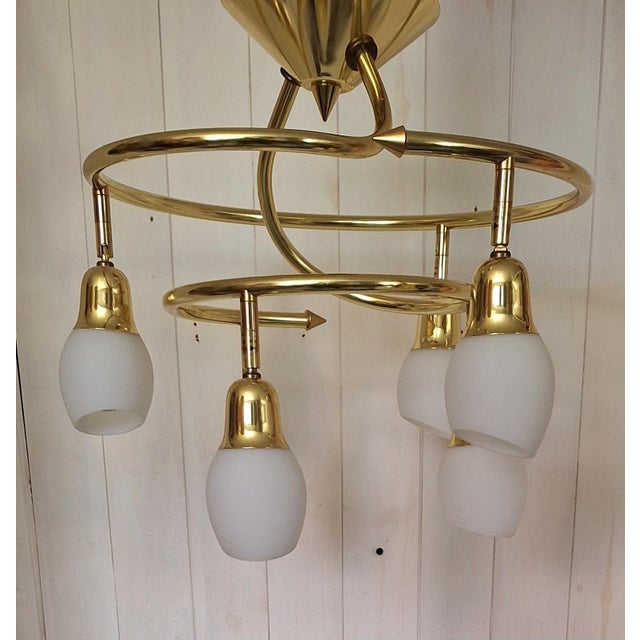 Vintage Ceiling Lamp with Spiral Brass Frame and 6 Opaque White Glass Shades, 1990s, in Very Good conditions. Designed...