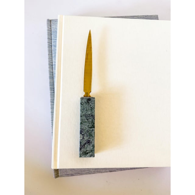 Metal Vintage Green Marble and Brass Letter Opener For Sale - Image 7 of 12