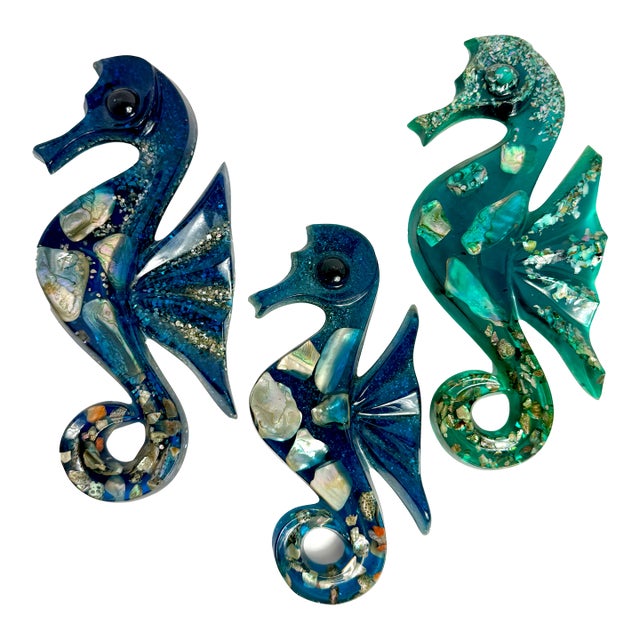 1960s MCM Acrylic Lucite Abalone Seahorses, Wall Hangings, Made in the Usa, Set of 3 For Sale