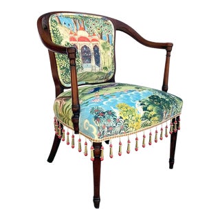 English Sheraton Mahogany Zoffany Peacock Garden Upholstered Armchair For Sale