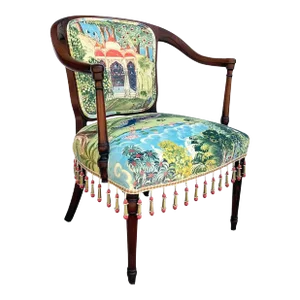 English Sheraton Mahogany Zoffany Peacock Garden Upholstered Armchair