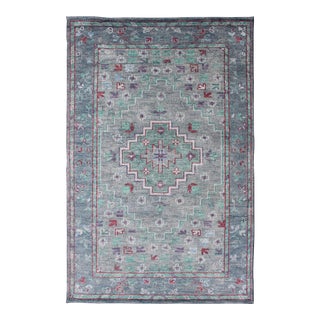 Hand Knotted Oushak Design Rug in Gray, Blue, Light Green and Red With All-Over Design For Sale