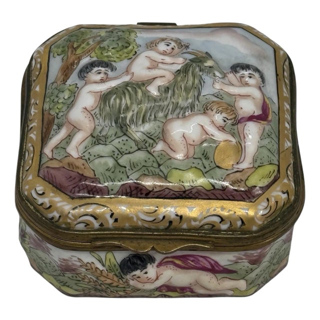 Late 19th Century Capodimonte Porcelain Hand-Painted Square Shape Trinket Box With Playing Cherubs Design For Sale