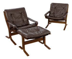Vintage Siesta Chairs and Ottoman in Brown Leather and Plywood by Ingmar Relling for Westnofa, 1960s, Set of 3