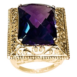 13.5 Carat Checker Board Amethyst Filigree Cocktail Ring in 14 Karat Yellow Gold For Sale
