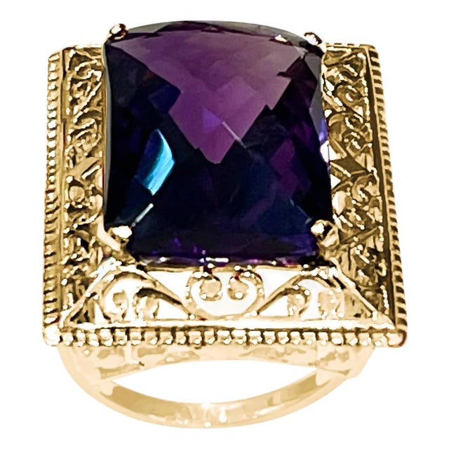 13.5 Carat Checker Board Amethyst Filigree Cocktail Ring in 14 Karat Yellow Gold For Sale