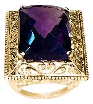13.5 Carat Checker Board Amethyst Filigree Cocktail Ring in 14 Karat Yellow Gold