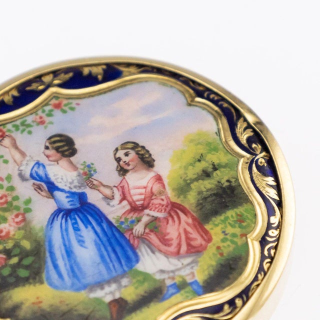 Antique early-20th century Imperial Russian 14k solid gold & hand painted enamel pill box, the lid hand painted depicting...