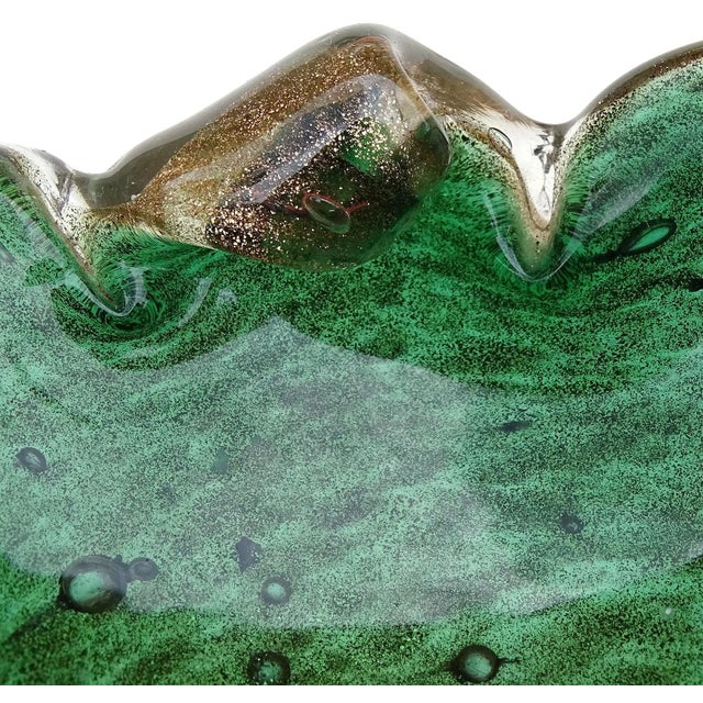 Abstract Murano Green Vintage Copper Aventurine Flecks Italian Art Glass Scalloped Rin Decorative Bowl Personal Ashtray For Sale - Image 3 of 6