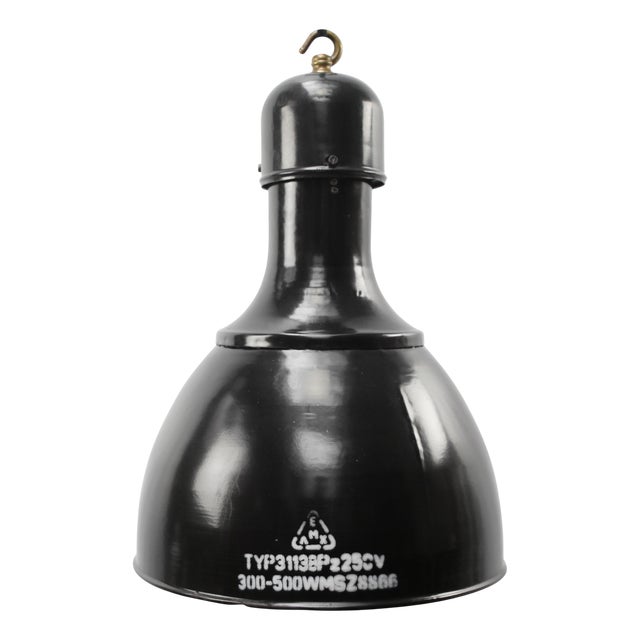 Vintage Industrial Pendant Light in Black Enamel and Brass , 1950s For Sale